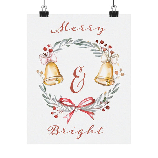 Merry & Bright 8x10" Holiday Poster – Watercolor Wreath Design, Matte Finish