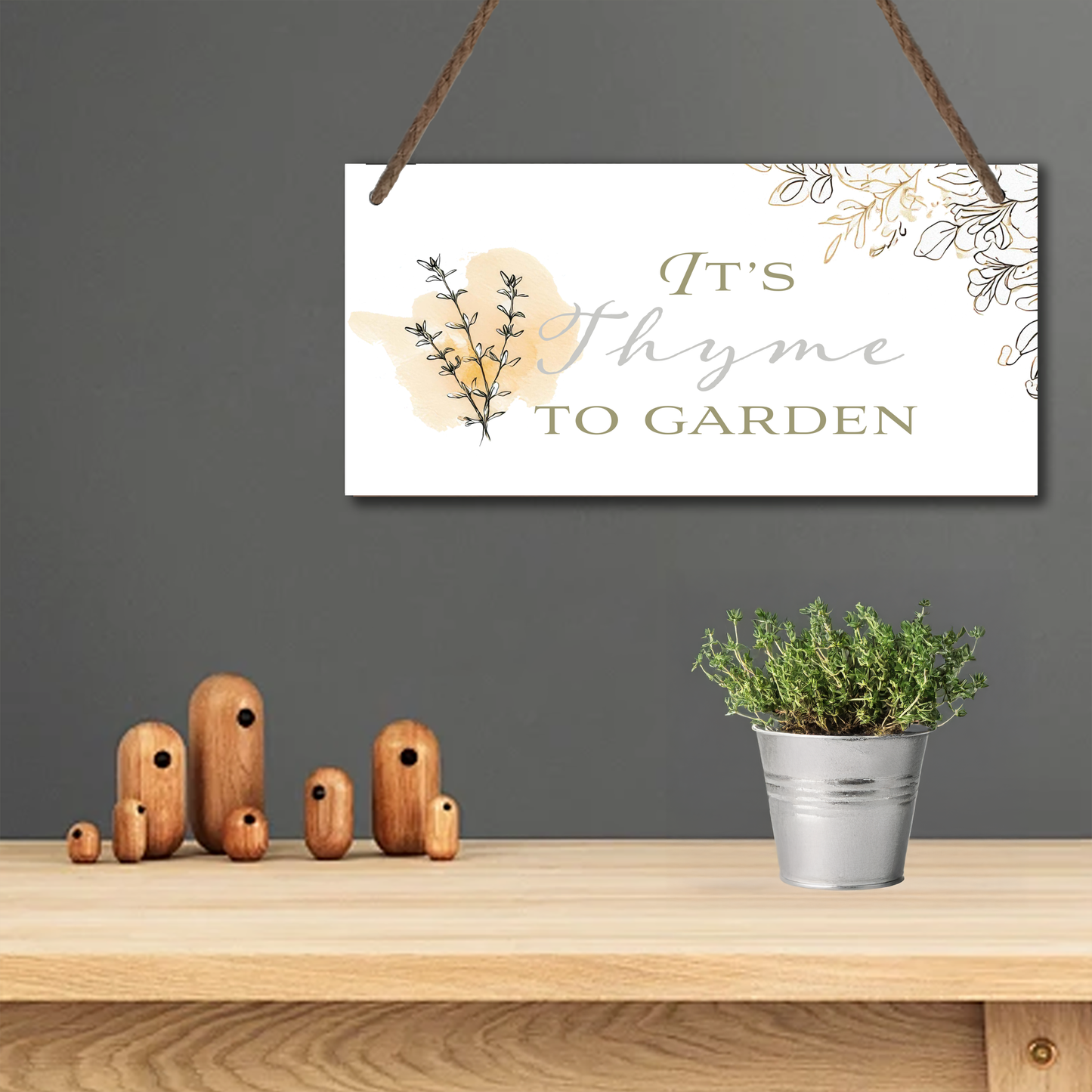 It's Thyme to Garden Small Wood Panel Botanical Sign for Herb Garden