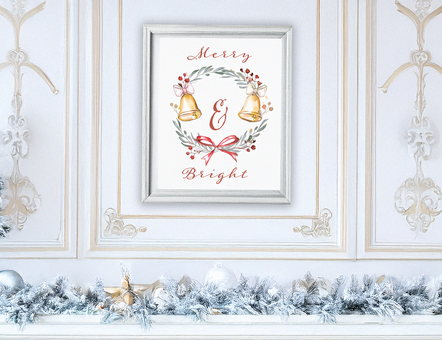 Merry & Bright 8x10" Holiday Poster – Watercolor Wreath Design, Matte Finish