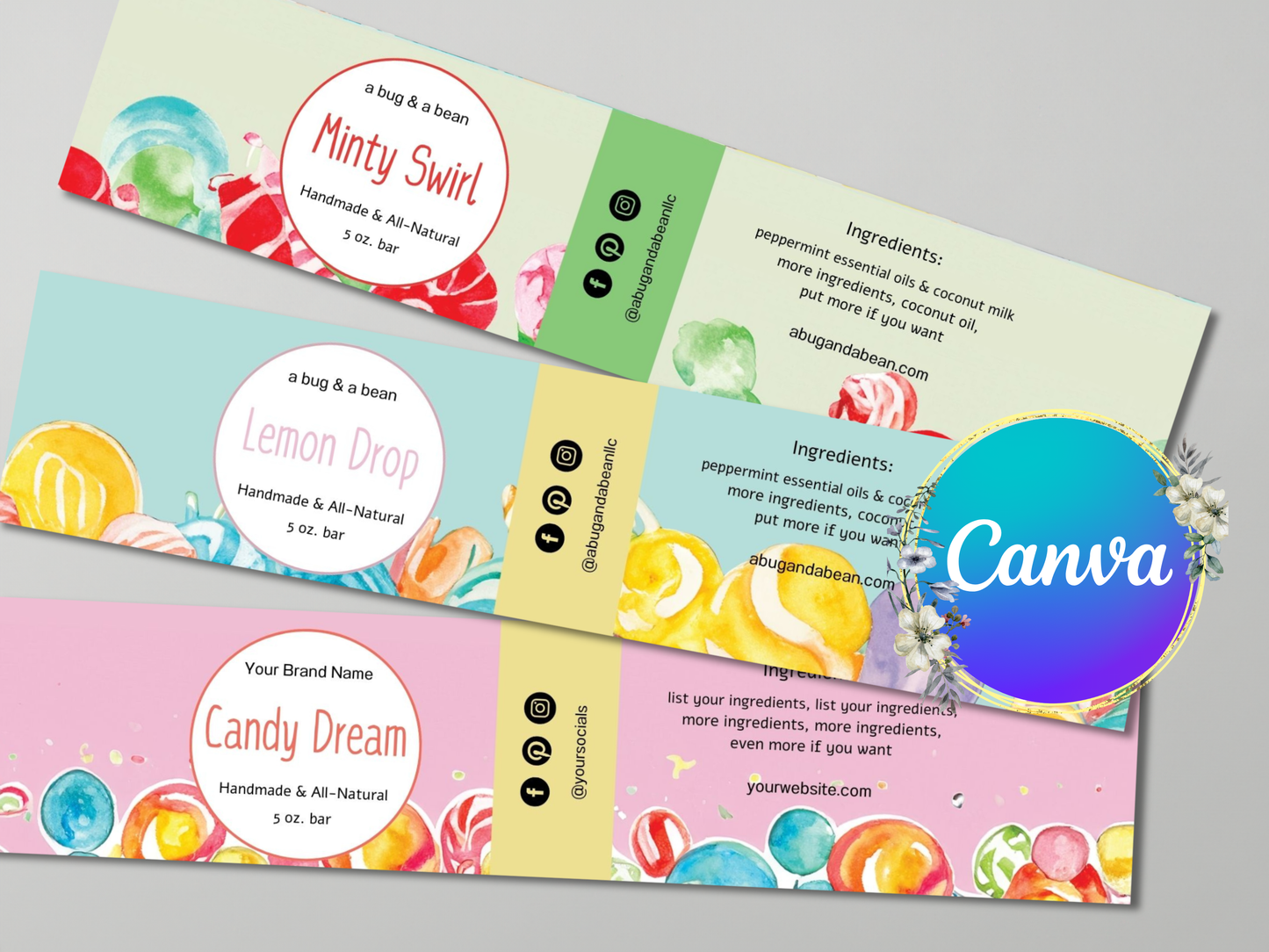 Soap Labels - Holiday Candy Themed Labels. Editable Soap Template. Printable Custom Wrap Around Label. Personalize Canva