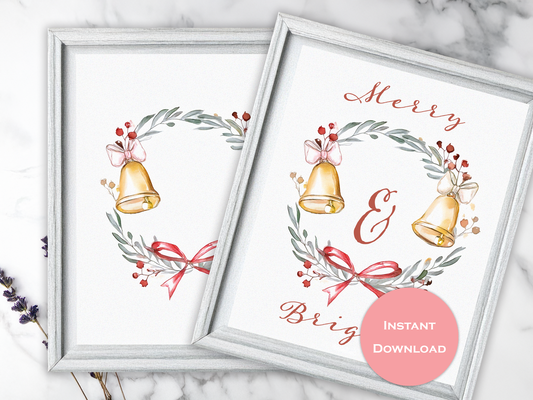 Merry & Bright Printable Holiday Poster – 8x10" Watercolor Wreath, Instant Download with and without text