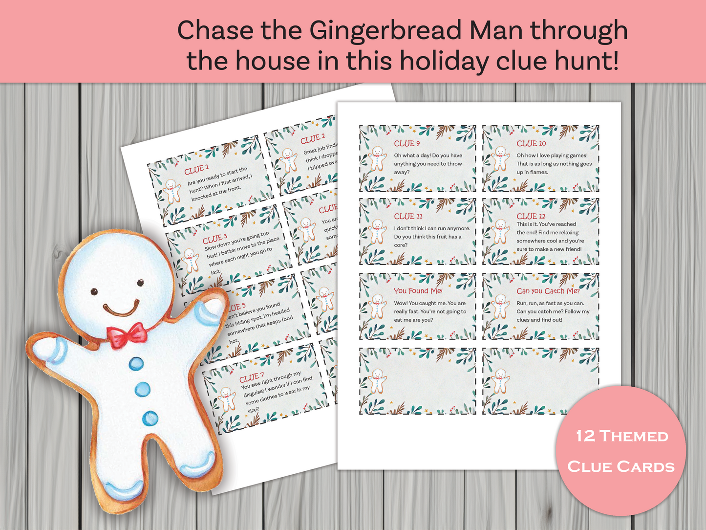 Customizable Holiday Gingerbread Man Scavenger Hunt Printable | 12 Clue Cards | Indoor Puzzle & Clue Finding Game for Kids | Instant PDF