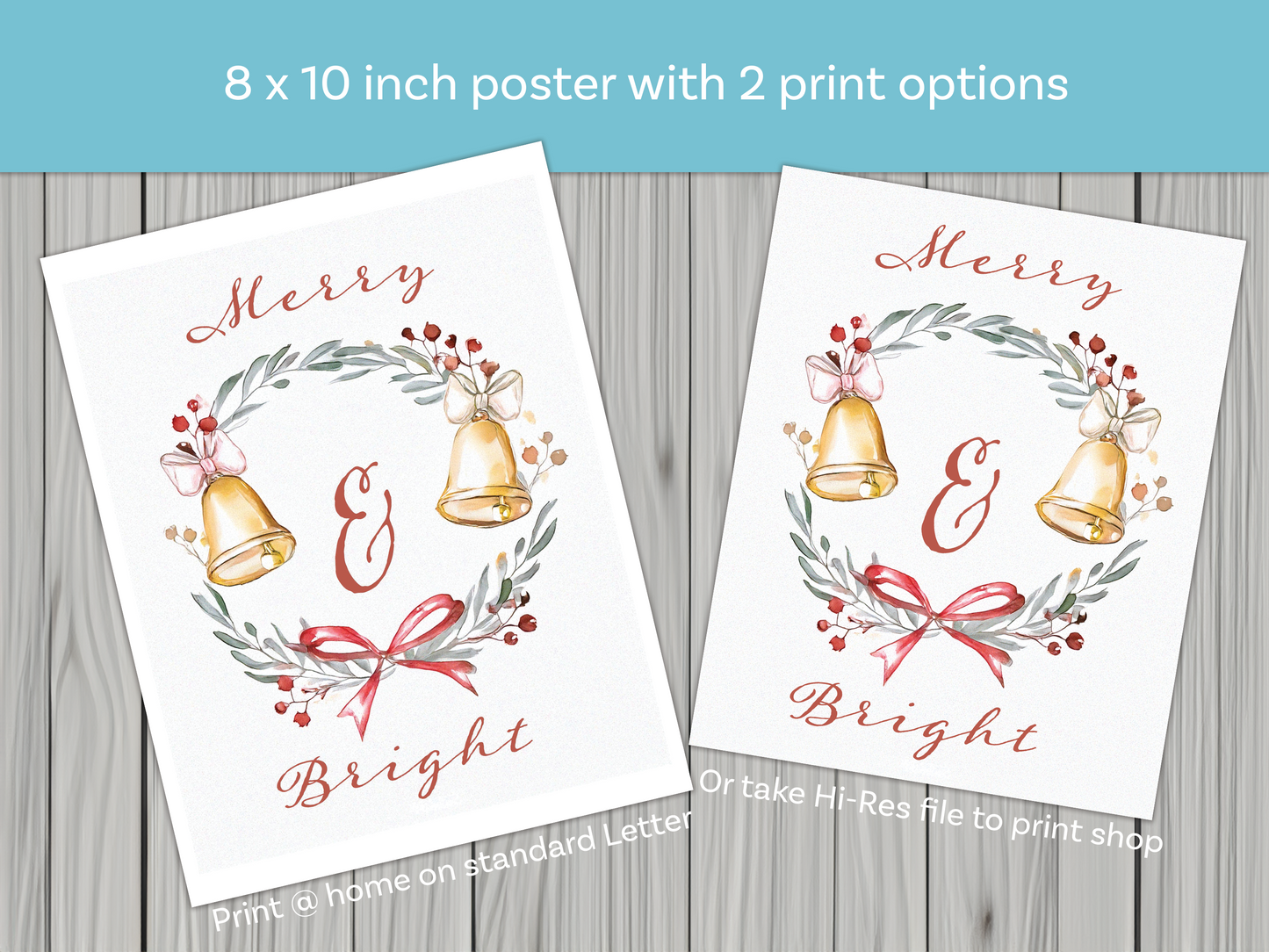 Merry & Bright Printable Holiday Poster – 8x10" Watercolor Wreath, Instant Download with and without text